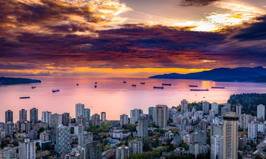 View overlooking Vancouver from a skyscrapper at sunset.